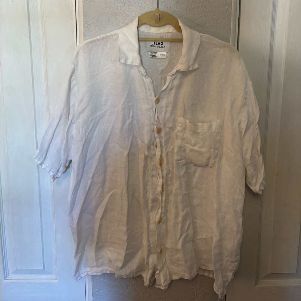 Vintage Flax Pure White Linen Short Sleeve Button Down Size Small